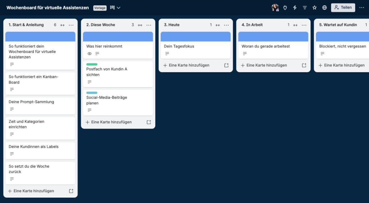 Wochenboard für virtuelle Assistenzen in Trello mit den Listen Start und Anleitung, Diese Woche, Heute, In Arbeit und Wartet auf Kundin
